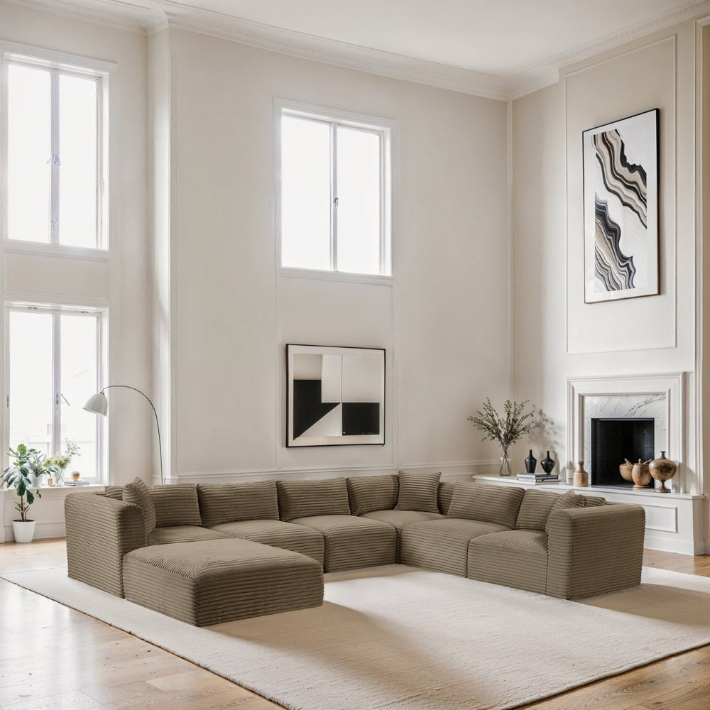 Meridian Furniture Shaggy Seven Piece Modular Sectional Wide Wale Corduroy Performance Fabric Living Room 641Taupe-Sec7D
