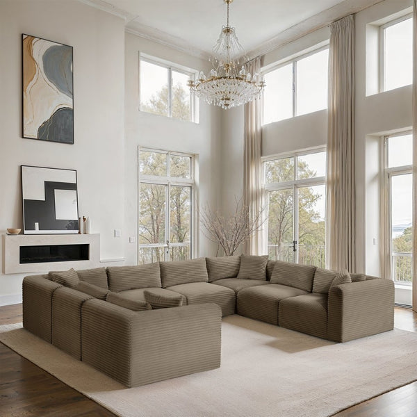 Meridian Furniture Shaggy 8 Piece Corduroy Performance Fabric Modular Sectional for Large Living Rooms 641Taupe-Sec8A