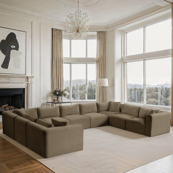 Meridian Furniture Shaggy Nine Piece Modular Sectional Corduroy Performance Fabric Plush Living Room Seating 641Taupe-Sec9B