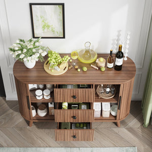 English Elm Sideboard Fluted Credenza with Three Drawers Two Doors Matte Black Modern Storage Walnut T3773P417317