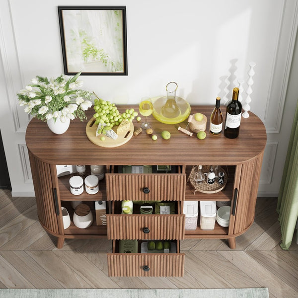 English Elm Sideboard Fluted Credenza with Three Drawers Two Doors Matte Black Modern Storage Walnut T3773P417317