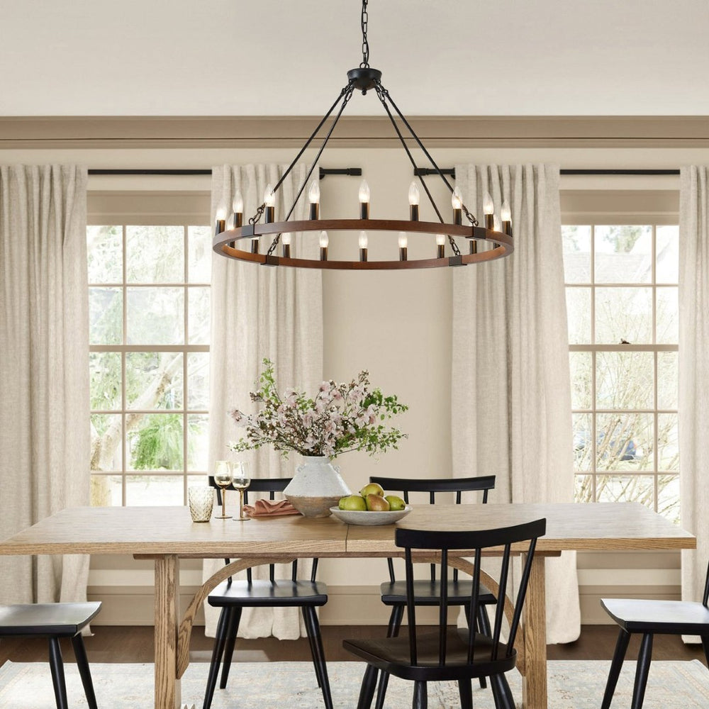 English Elm 39.3 Inch Wood Wagon Wheel Chandelier with Seeded Glass Shades 20-light Farmhouse W5008P464781