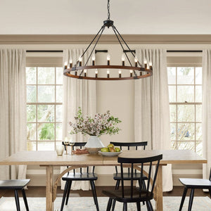 English Elm 39.3 Inch Wood Wagon Wheel Chandelier with Seeded Glass Shades 20-light Farmhouse W5008P464781