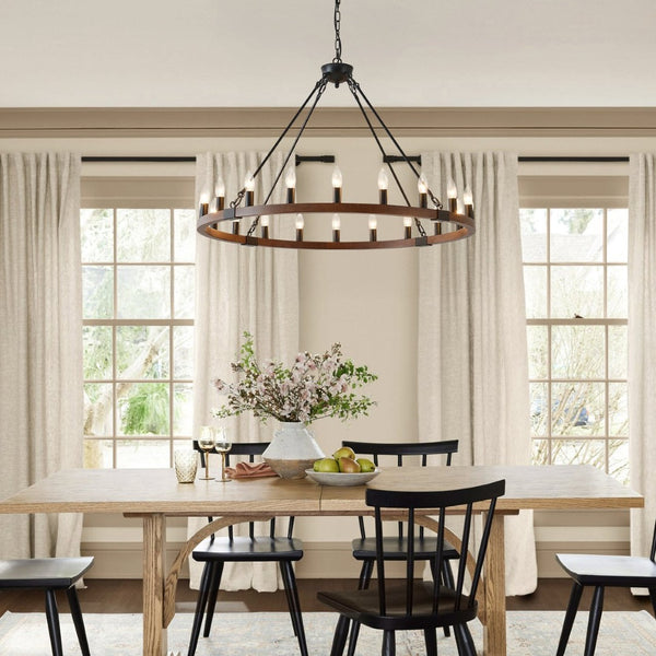 English Elm 39.3 Inch Wood Wagon Wheel Chandelier with Seeded Glass Shades 20-light Farmhouse W5008P464781