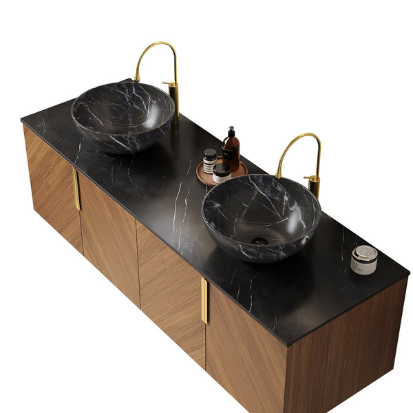 English Elm ARAI 60" Bathroom Vanity with Dual Ceramic Vessel Sinks, Sintered Stone Top, Plywood Storage Cabinet with Soft-Close Doors and Brushed Gold Handles Black,Brown Oak W2615S00262