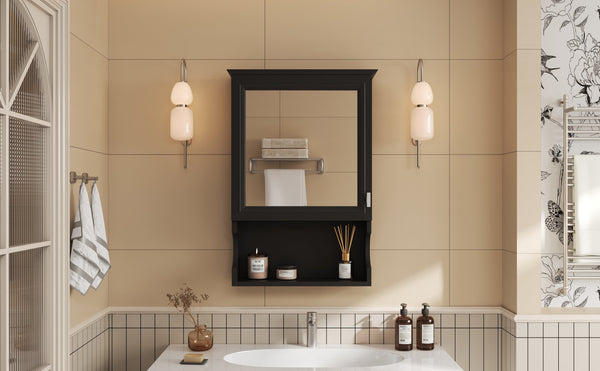 English Elm 20'' Half-Moon Wall Medicine Cabinet with Mirror, Solid Wood Frame, Soft-Close Hinges, Space-Saving Elegance Black N710P313827B