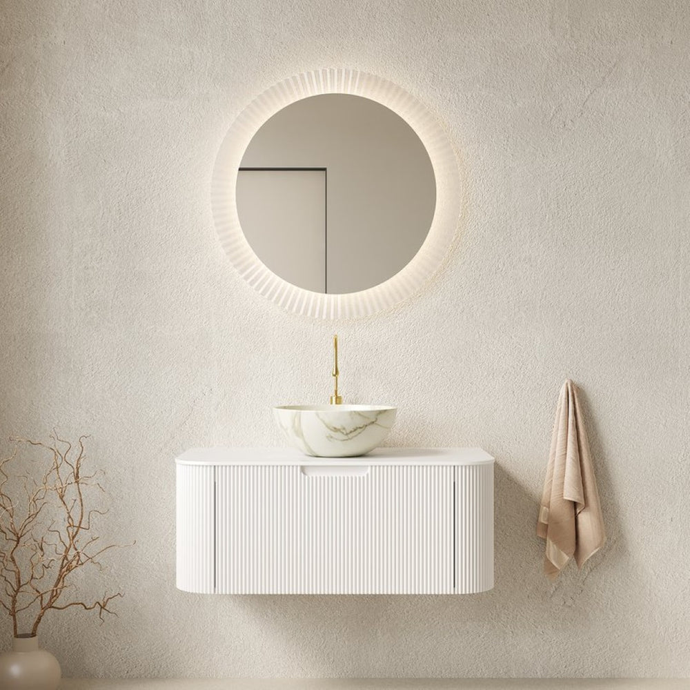 English Elm Dina Floating Bathroom Vanity Sintered Stone Top Glass Basin Striped Plywood Cabinet W2615S00719