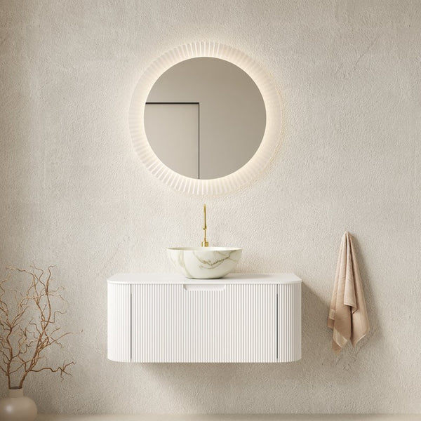 English Elm Dina Floating Bathroom Vanity Sintered Stone Top Glass Basin Striped Plywood Cabinet W2615S00719