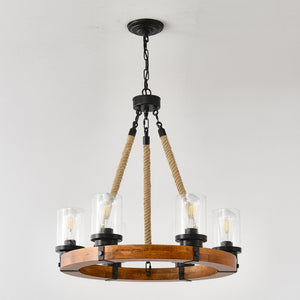 English Elm 23.62 Inch Wagon Wheel Chandelier Wood Metal Frame Seeded Glass Farmhouse Dining W5008P390657