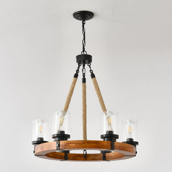English Elm 23.62 Inch Wagon Wheel Chandelier Wood Metal Frame Seeded Glass Farmhouse Dining W5008P390657