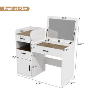 English Elm 3-in-1 Vanity Desk Flip Mirror Glass Top Hidden Storage Compact White Bedroom N704P391337K