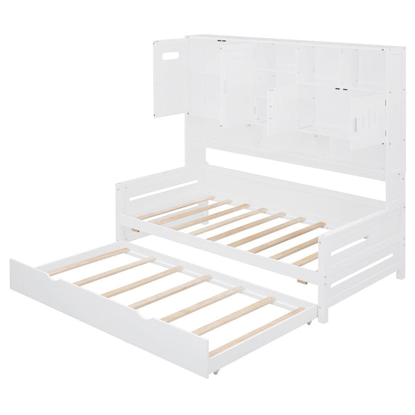 English Elm Twin Size Daybed With Trundle & Integrated Storage Shelf - Modern White Design For Kids & Teens N820S00026K-GIGA