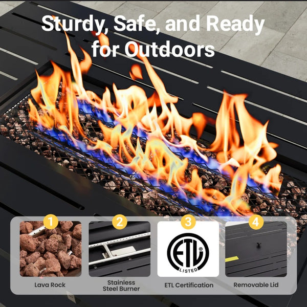 English Elm 43 Inch Faux Rattan Propane Fire Pit Table 50000 Btu with Glass Shield Lava Rock B082P454992