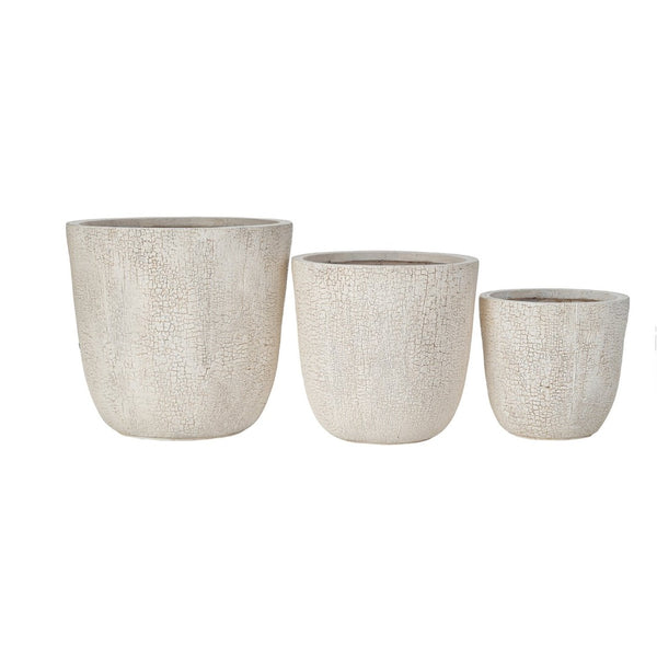 English Elm U_style Mgo Round Planters Set of Three Crackle Stone Texture Patio Garden Pots Beige N711P406660A