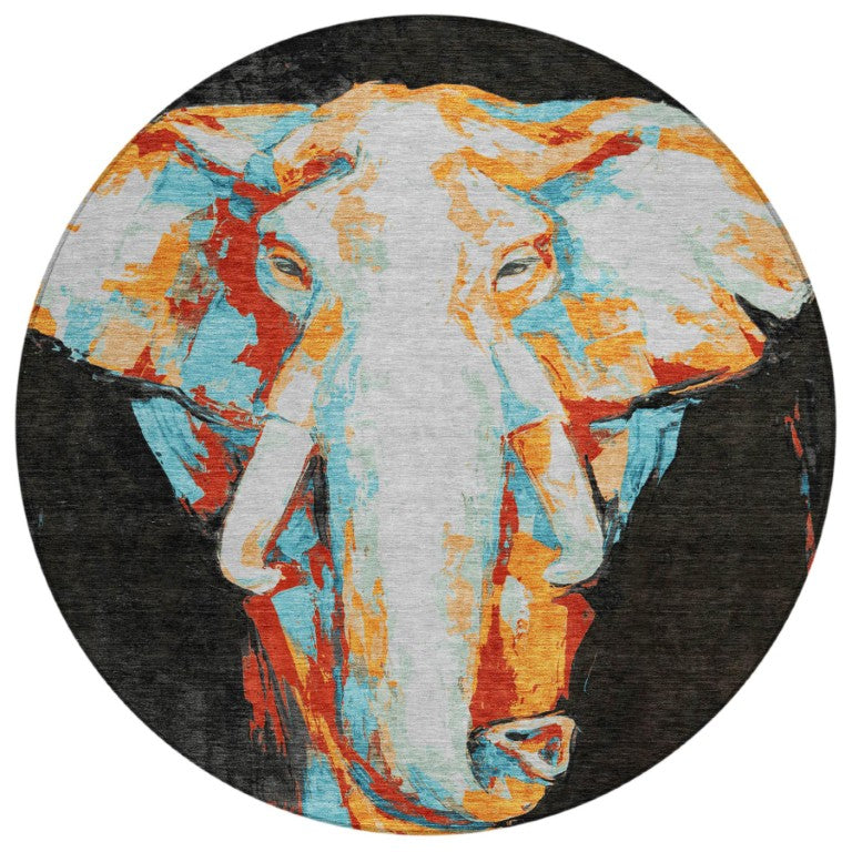 HomeRoots 8 Foot Round Elephant Geometric Polyester Rug Machine Washable Indoor Outdoor Patio 642013