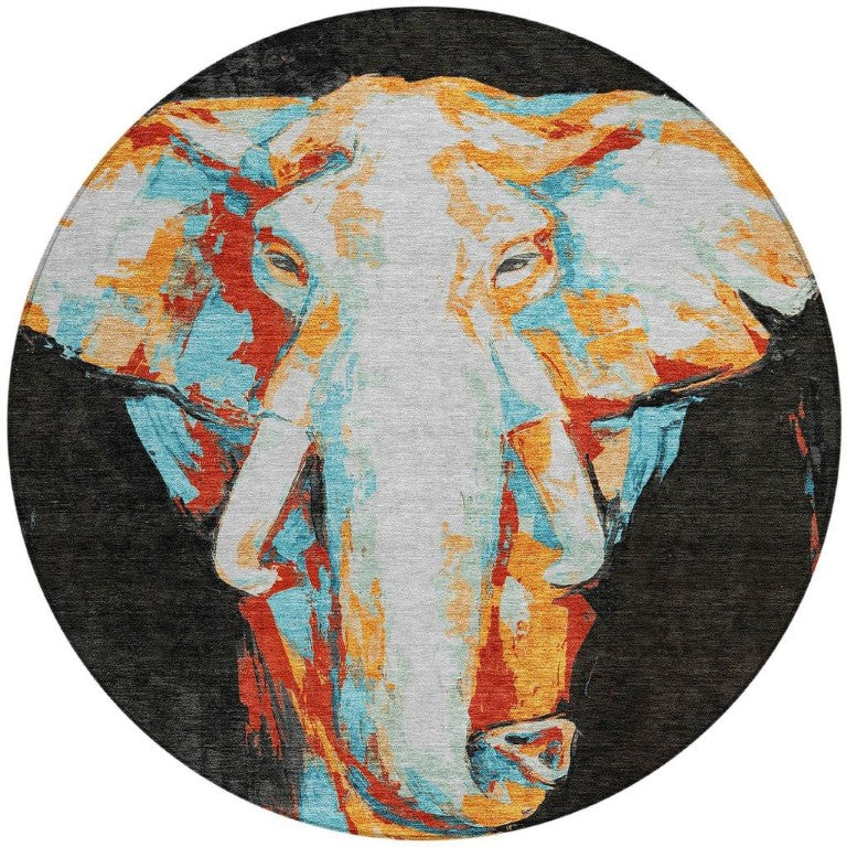 HomeRoots 8 Foot Round Elephant Geometric Polyester Rug Machine Washable Indoor Outdoor Patio 642013