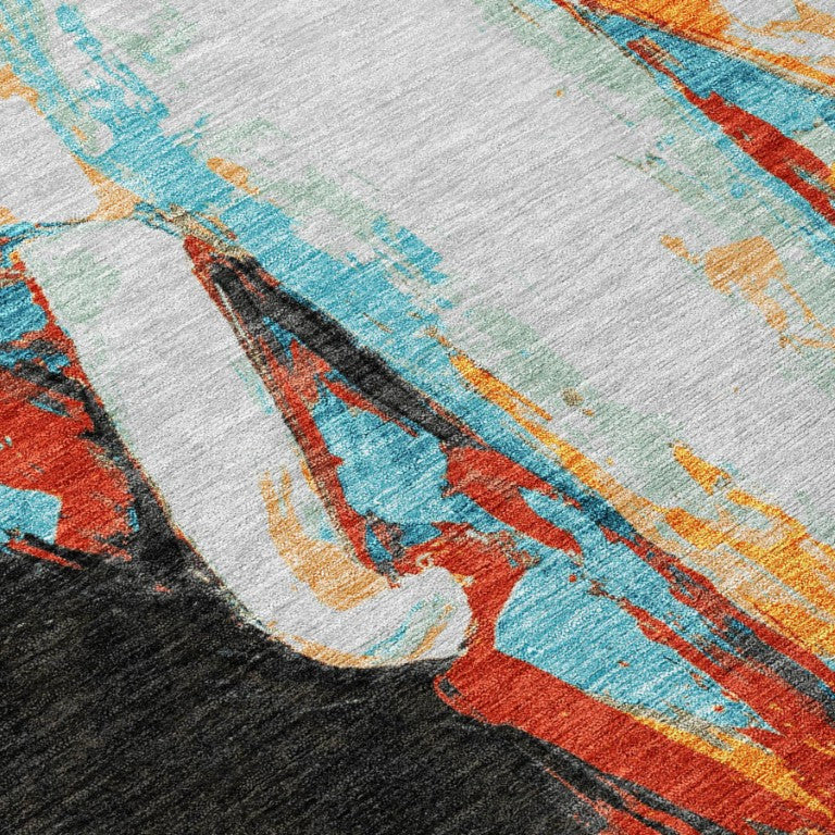 Elephant Motif Washable Polyester Indoor Outdoor Area Rug Bold Global Style High Traffic