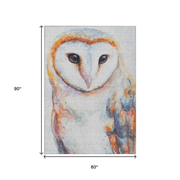 Washable Owl Motif Polyester Area Rug for Indoor Outdoor Patios Living Rooms and Playrooms