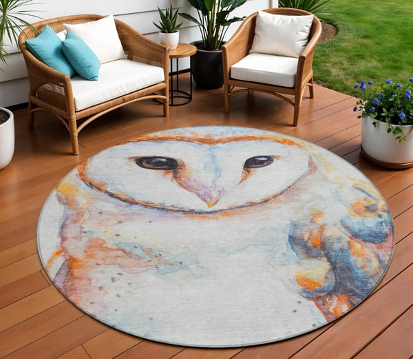 8 Ft Round Owl Pattern Polyester Area Rug Machine Washable for Indoor Outdoor Use