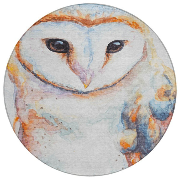 HomeRoots 8 Ft Round Owl Pattern Polyester Area Rug Machine Washable for Indoor Outdoor Use 642019