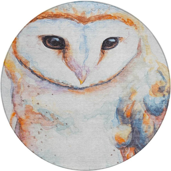 8 Ft Round Owl Pattern Polyester Area Rug Machine Washable for Indoor Outdoor Use