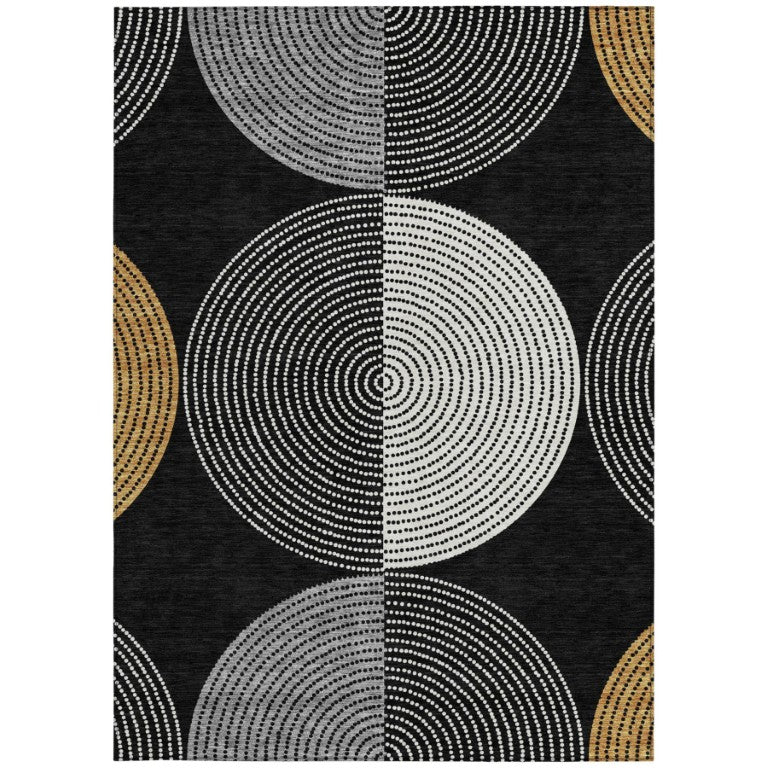 HomeRoots 8 X 10 Geometric Polyester Area Rug Washable Indoor Outdoor Ivory Black Pattern 642038
