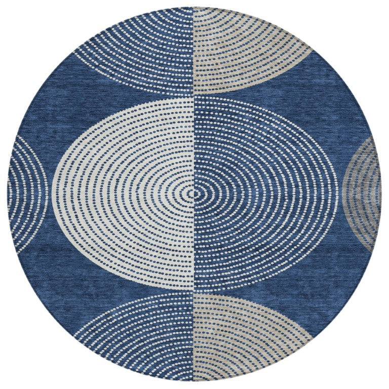 HomeRoots 8 Foot Round Geometric Polyester Area Rug Navy Ivory Washable Indoor Outdoor Use 642073
