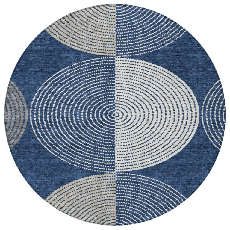HomeRoots 8 Foot Round Geometric Polyester Area Rug Navy Ivory Washable Indoor Outdoor Use 642073