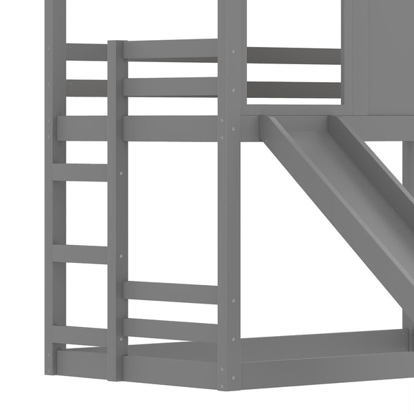 English Elm Full Bunk Bed with Trundle Bookshelf Storage Pine Frame Car Design for Kids Gray W1580S00465