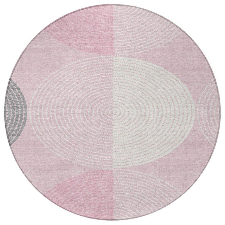 8 Ft Round Pink Ivory Geometric Polyester Rug Washable for Indoor Outdoor Spaces