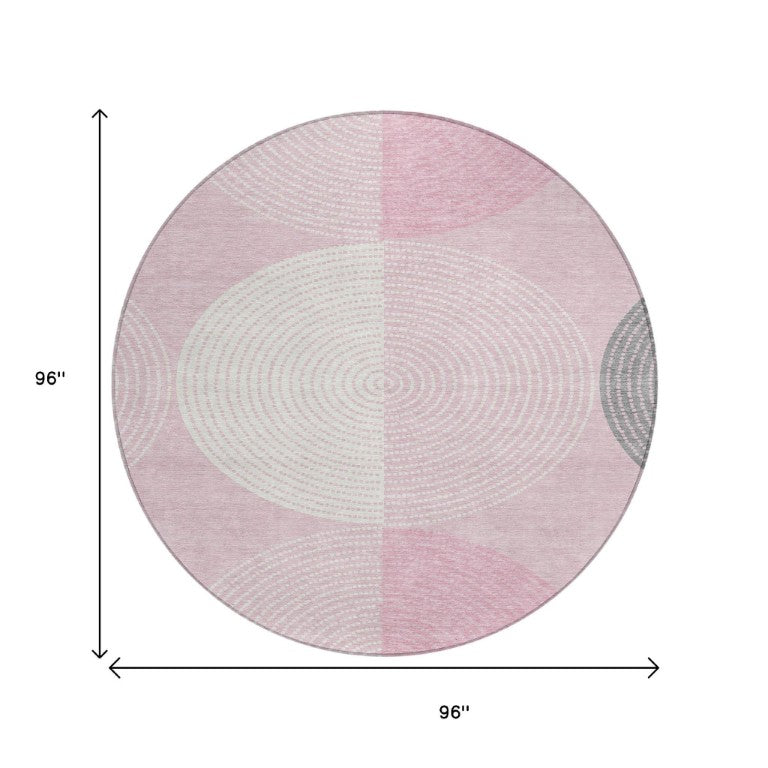 8 Ft Round Pink Ivory Geometric Polyester Rug Washable for Indoor Outdoor Spaces