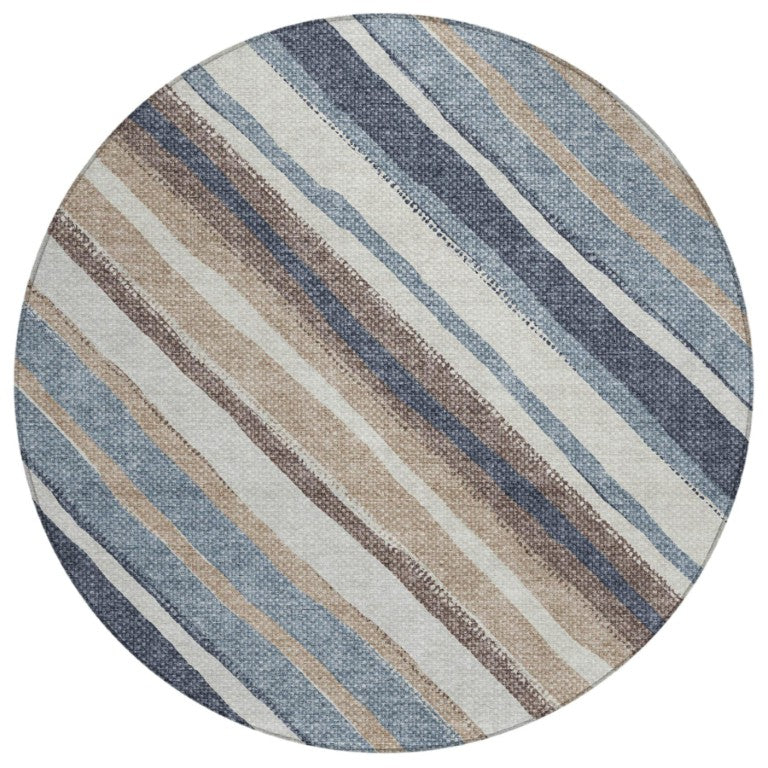 HomeRoots 8 Ft Round Striped Polyester Area Rug Washable Indoor Outdoor Coastal Style 642091