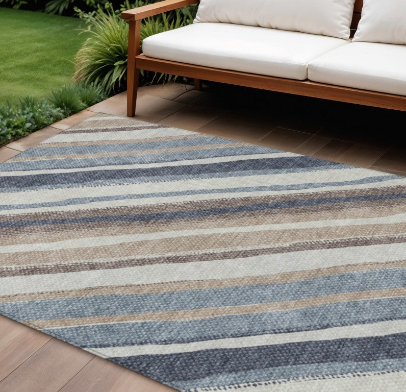 HomeRoots Striped Coastal Washable Indoor Outdoor Polyester Area Rug for Patio Porch or Living Room 8' x 10' 642092