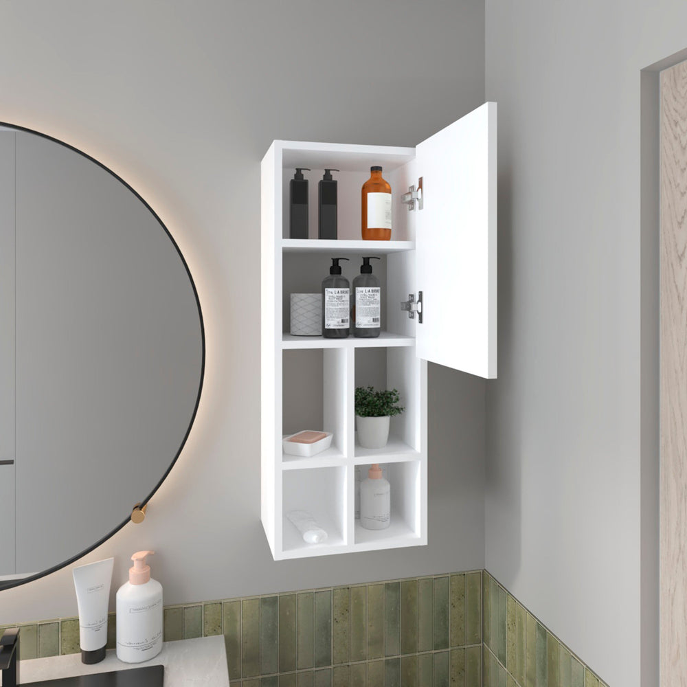 English Elm White Wall-Mounted Bathroom Cabinet with Door, 4 Open Shelves for Space-Saving Storage & Display B062P323177