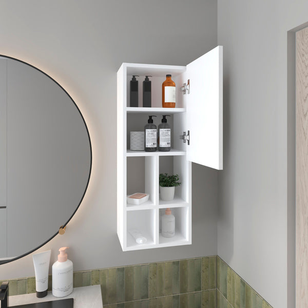 English Elm White Wall-Mounted Bathroom Cabinet with Door, 4 Open Shelves for Space-Saving Storage & Display B062P323177
