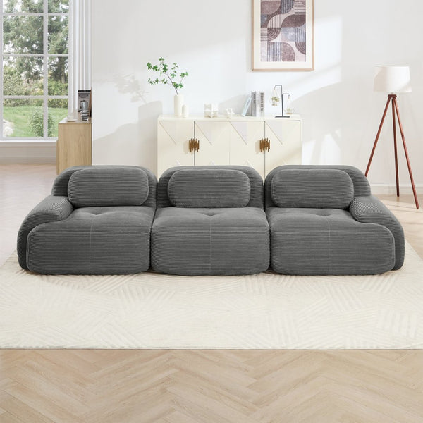 English Elm 3-seat Modular Corduroy Sectional Sofa Ergonomic Curved Design for Living Rooms Grey W714S01266