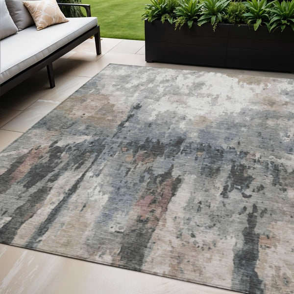 Abstract Washable Polyester Area Rug Neutral Tones Durable for Indoor Outdoor Living