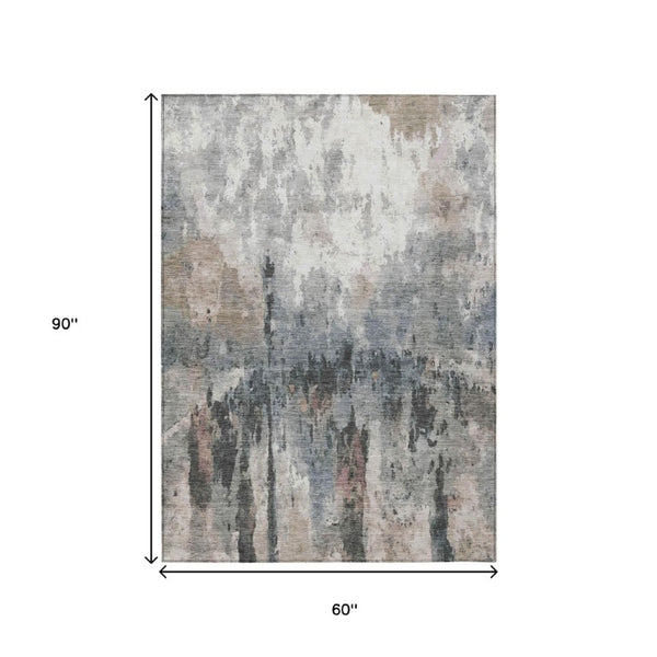 Abstract Washable Polyester Area Rug Neutral Tones Durable for Indoor Outdoor Living