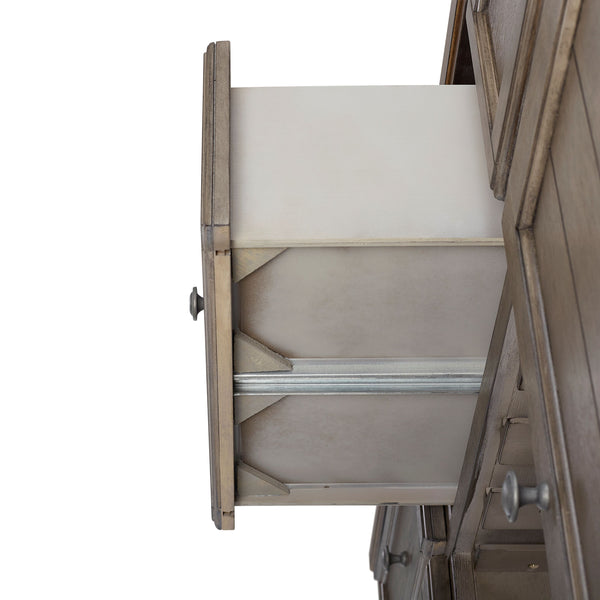 English Elm Rustic Solid Wood Two-Tone Server with Powerpack, Gray Finish, 3 Drawers, Wine Glass & Bottle Storage B2699P208969