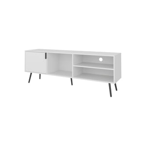 English Elm Mescal modern TV stand with concealed door and open shelving, conical legs, sleek storage center White 68.5 L x 20.9 W x 5.1 H B128P263710