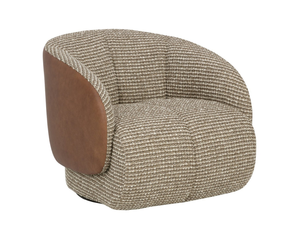 Sunpan CAMIE Swivel Lounge Chair - Luxurious Torched Meringue Fabric & Cognac Leather for Modern Elegance 112768