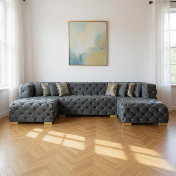 Tufted Velvet Modular U-shaped Sectional Sofa with Chaise Lounge and Accent Throw Pillows