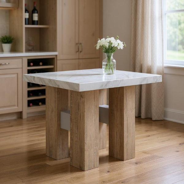 48 Inch Square Faux Marble Top Counter Height Dining Table in White Natural Wood
