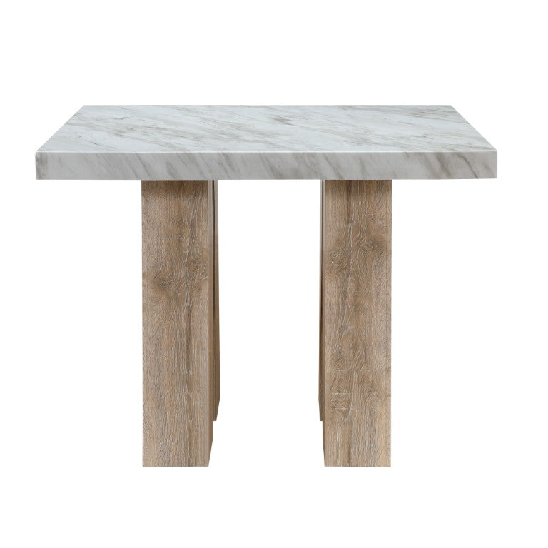 HomeRoots 48 Inch Square Faux Marble Top Counter Height Dining Table in White Natural Wood 642277