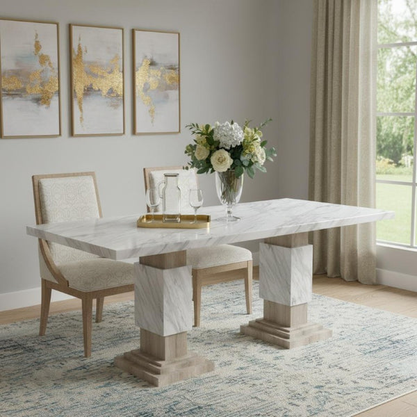 82 Inch Faux Marble Top Dining Table with Dual Pedestal Wood Base Seats Eight