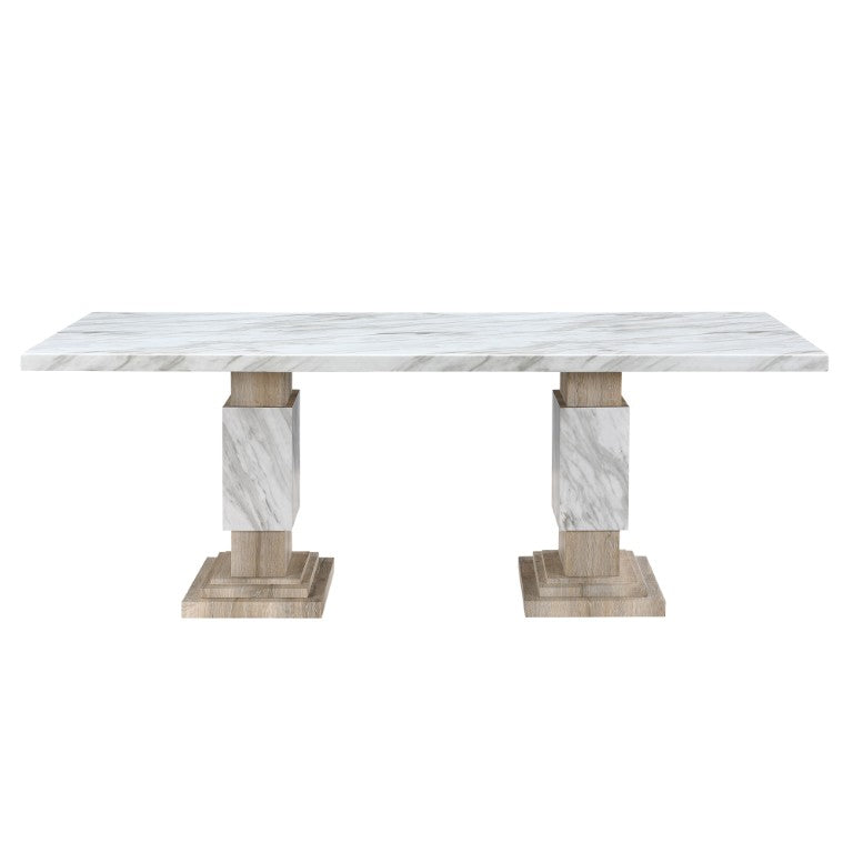 HomeRoots 82 Inch Faux Marble Top Dining Table with Dual Pedestal Wood Base Seats Eight 642278