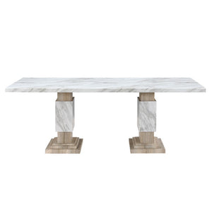 HomeRoots 82 Inch Faux Marble Top Dining Table with Dual Pedestal Wood Base Seats Eight 642278