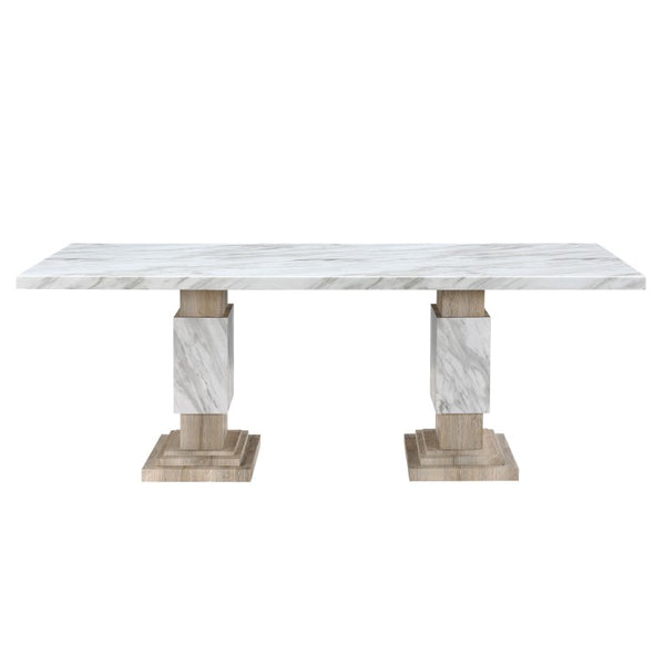 HomeRoots 82 Inch Faux Marble Top Dining Table with Dual Pedestal Wood Base Seats Eight 642278