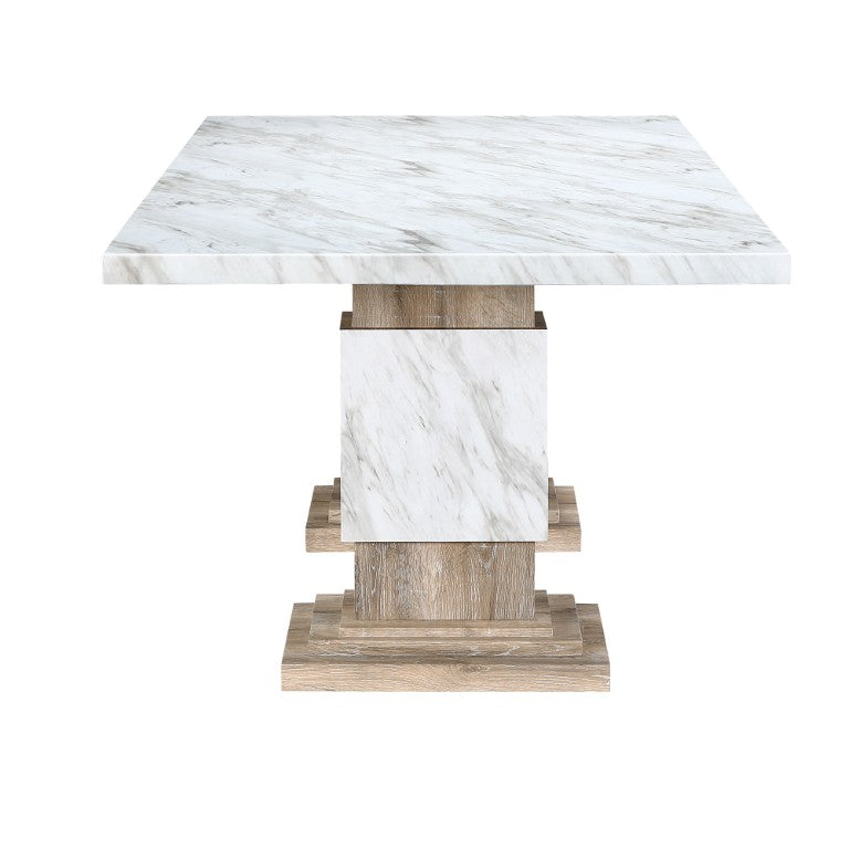 HomeRoots 82 Inch Faux Marble Top Dining Table with Dual Pedestal Wood Base Seats Eight 642278