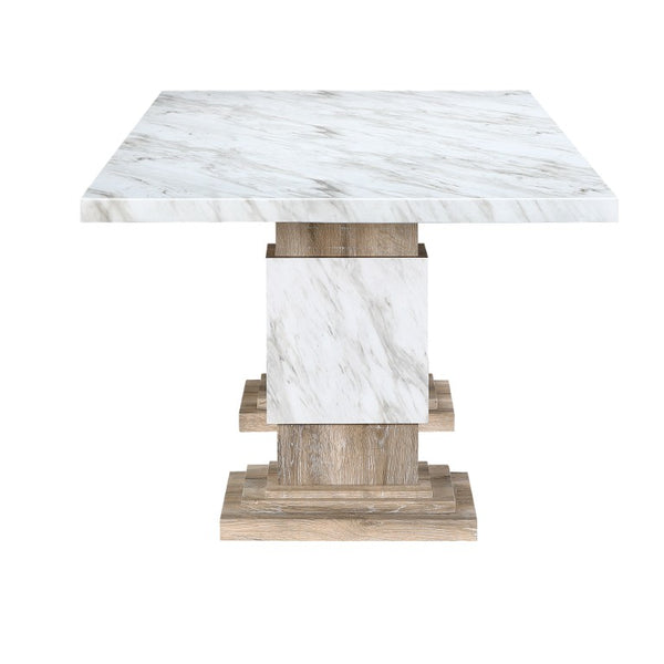82 Inch Faux Marble Top Dining Table with Dual Pedestal Wood Base Seats Eight